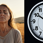 A split image illustrating the duality of modern life: On one side, a person appears visibly aged and overwhelmed, surrounded by chaotic digital notifications, a blurred clock, and a sense of internal fatigue, symbolizing chronic stress and accelerated cellular aging. On the other side, the same person is depicted in a state of profound tranquility, meditating peacefully in a serene, sun-drenched natural environment, embodying the protective and rejuvenating power of mindfulness and inner peace for longevity.
