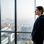A professional environmental scientist, a woman in a modest business suit, stands thoughtfully looking out a large, modern office window. The view reveals a sprawling, subtly hazy European cityscape under a soft, diffused light, hinting at urban air quality challenges. The architecture is clean and contemporary. This high-quality, professional photograph captures a moment of contemplation, conveying awareness without despair. The subject is fully clothed, in appropriate attire, safe for work, with perfect anatomy, correct proportions, and a natural pose, including well-formed hands and proper finger count. Appropriate content, family-friendly.