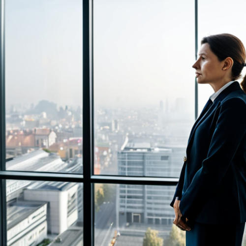 A professional environmental scientist, a woman in a modest business suit, stands thoughtfully looking out a large, modern office window. The view reveals a sprawling, subtly hazy European cityscape under a soft, diffused light, hinting at urban air quality challenges. The architecture is clean and contemporary. This high-quality, professional photograph captures a moment of contemplation, conveying awareness without despair. The subject is fully clothed, in appropriate attire, safe for work, with perfect anatomy, correct proportions, and a natural pose, including well-formed hands and proper finger count. Appropriate content, family-friendly.