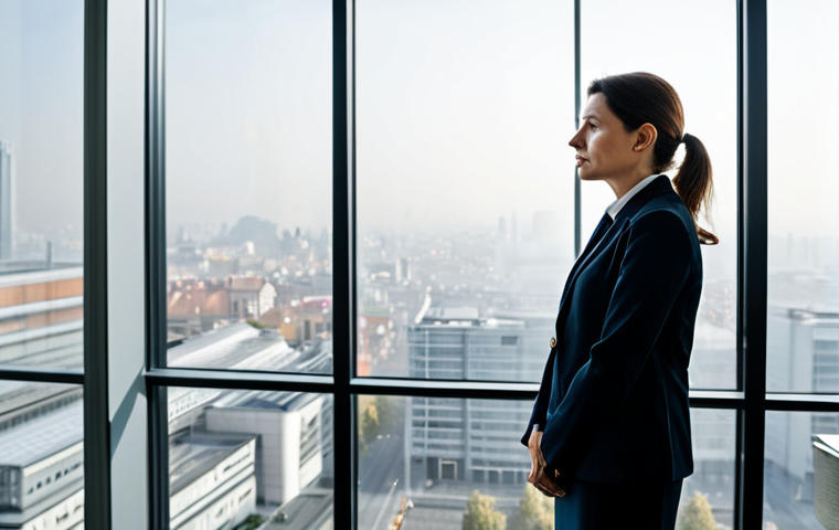A professional environmental scientist, a woman in a modest business suit, stands thoughtfully looking out a large, modern office window. The view reveals a sprawling, subtly hazy European cityscape under a soft, diffused light, hinting at urban air quality challenges. The architecture is clean and contemporary. This high-quality, professional photograph captures a moment of contemplation, conveying awareness without despair. The subject is fully clothed, in appropriate attire, safe for work, with perfect anatomy, correct proportions, and a natural pose, including well-formed hands and proper finger count. Appropriate content, family-friendly.