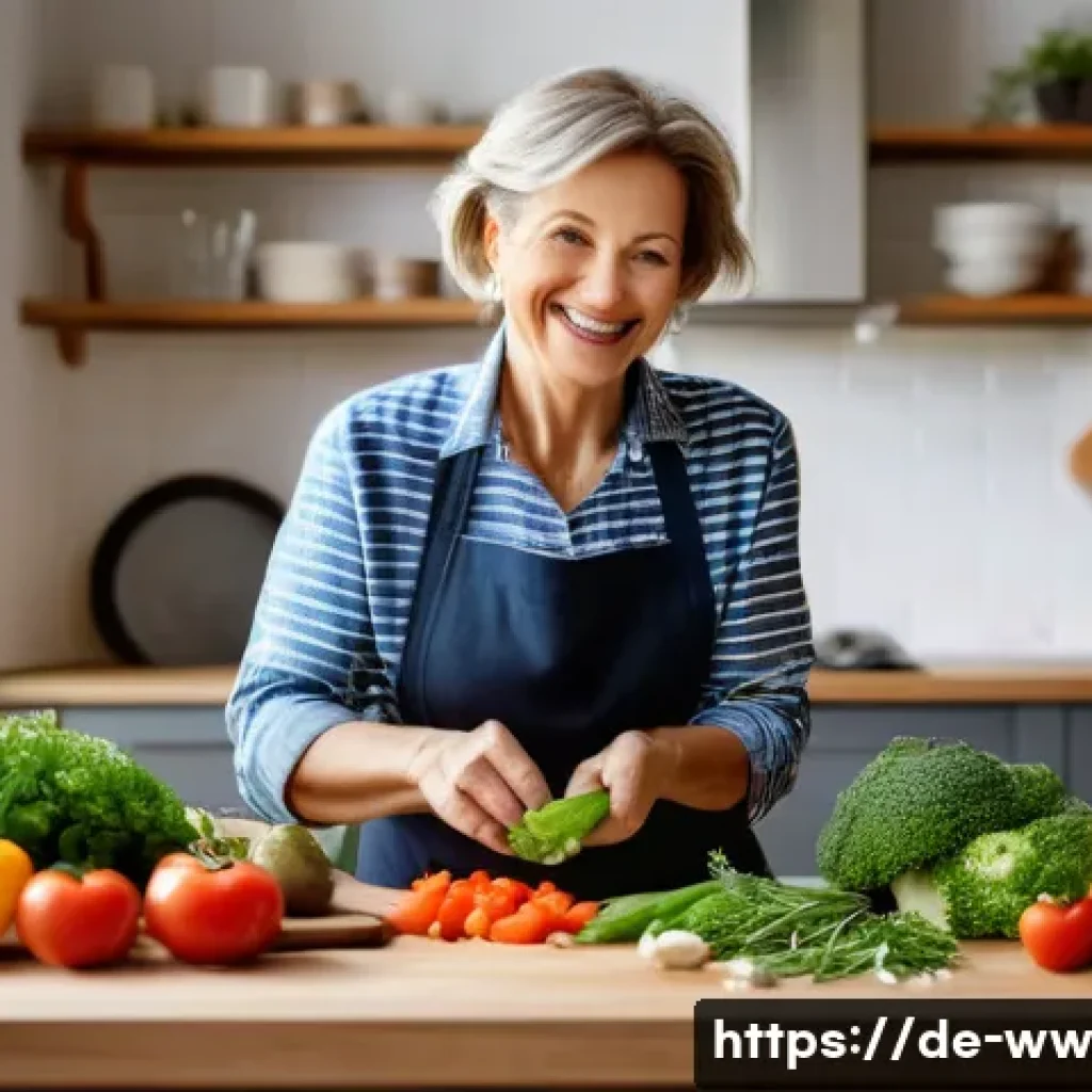 장수와 관련된 심혈관 건강 연구 - A vibrant, detailed scene of a middle-aged German woman preparing a heart-healthy Mediterranean-styl...