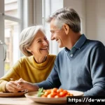 Home 22 장수와 관련된 특정 질병 예방 전략 - A vibrant and detailed scene of a middle-aged German couple enjoying a healthy meal at a cozy kitche...