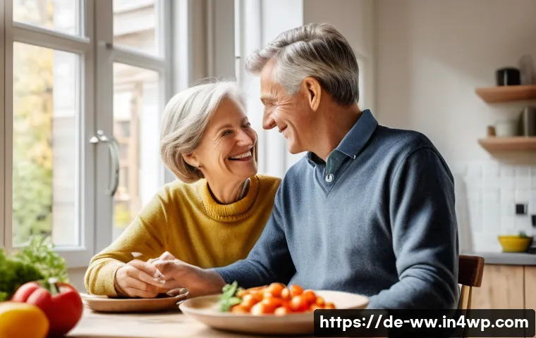 장수와 관련된 특정 질병 예방 전략 - A vibrant and detailed scene of a middle-aged German couple enjoying a healthy meal at a cozy kitche...