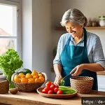 Home 21 장수와 관련된 건강한 라이프스타일 - A vibrant, cozy kitchen scene showcasing a middle-aged German woman preparing a colorful, healthy me...