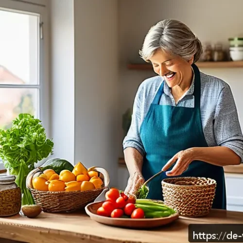Home 33 장수와 관련된 건강한 라이프스타일 - A vibrant, cozy kitchen scene showcasing a middle-aged German woman preparing a colorful, healthy me...