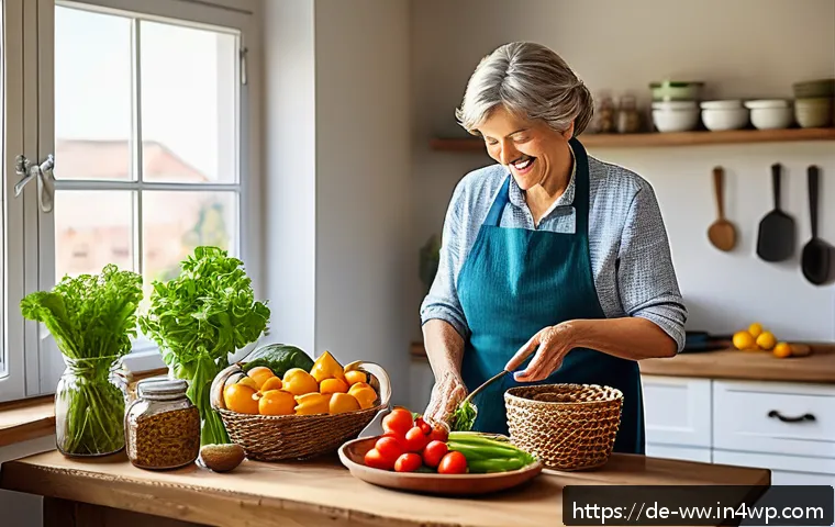 장수와 관련된 건강한 라이프스타일 - A vibrant, cozy kitchen scene showcasing a middle-aged German woman preparing a colorful, healthy me...