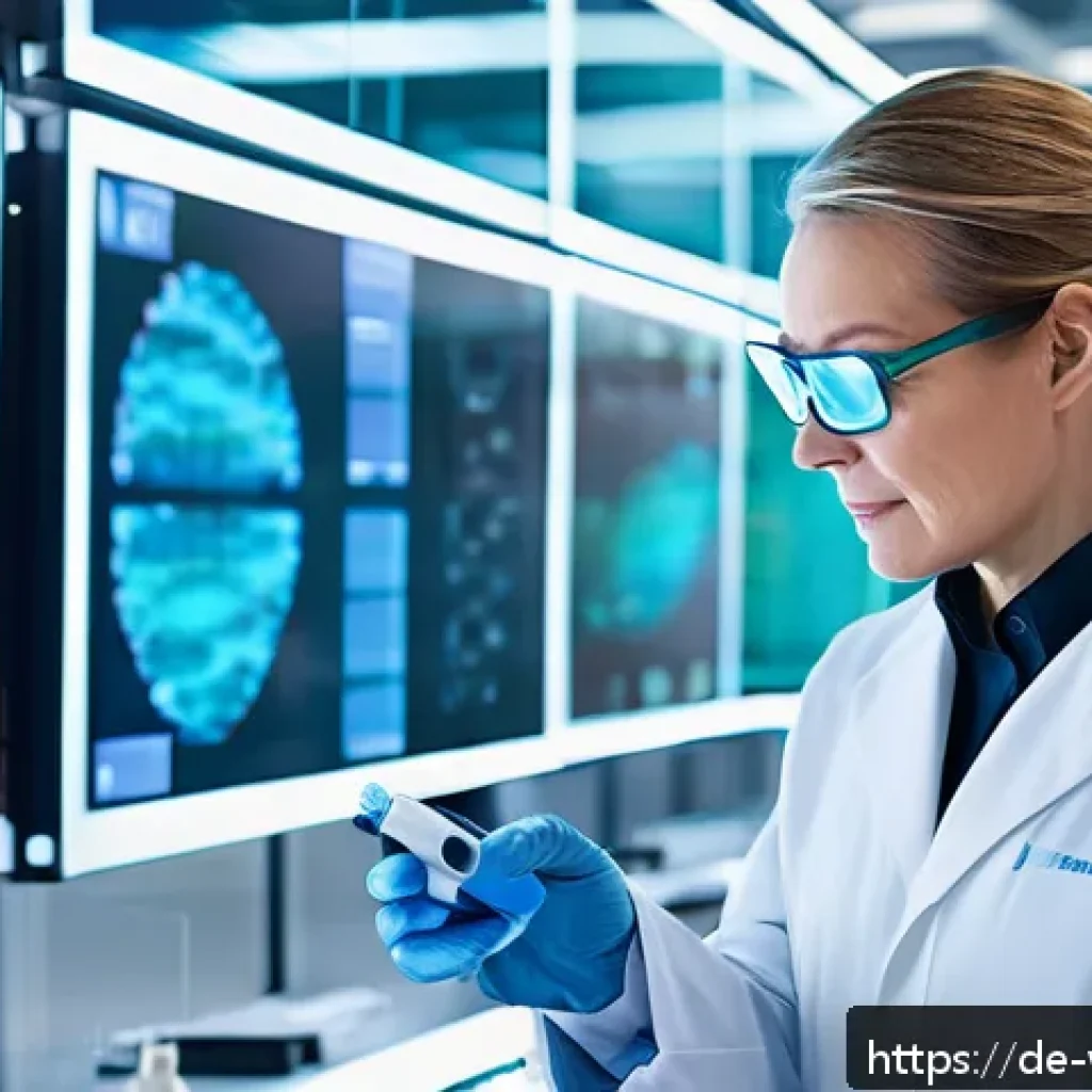 장수 연구의 비임상적 접근 - A futuristic laboratory scene focused on aging biomarker research, featuring diverse scientists exam...