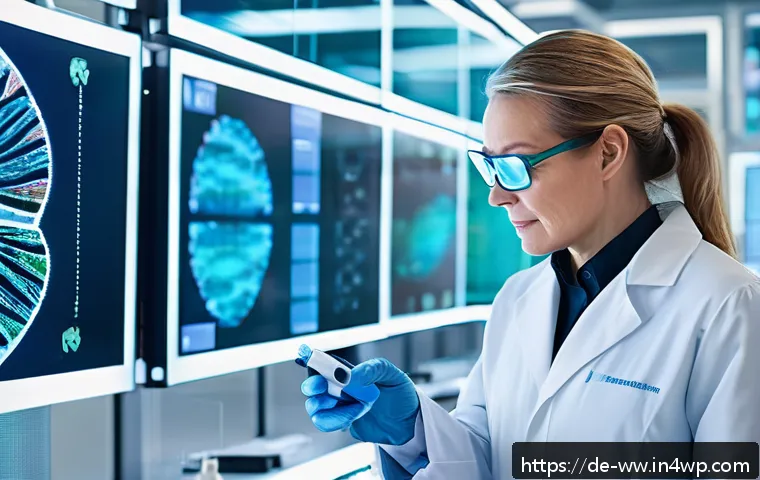 장수 연구의 비임상적 접근 - A futuristic laboratory scene focused on aging biomarker research, featuring diverse scientists exam...