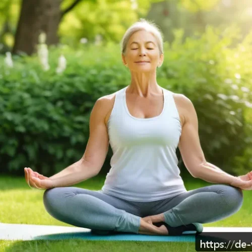 Home 30 장수 연구에서의 자원 분배 - A serene scene of a middle-aged German woman practicing yoga outdoors in a lush park during early mo...