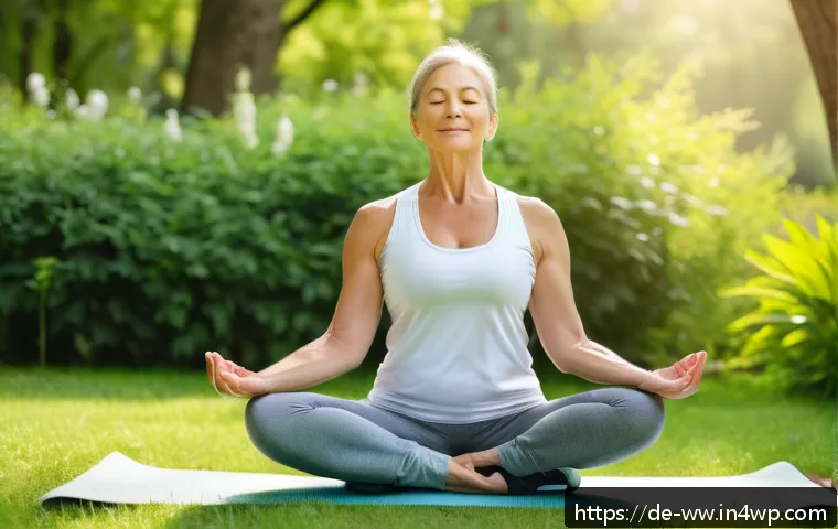 장수 연구에서의 자원 분배 - A serene scene of a middle-aged German woman practicing yoga outdoors in a lush park during early mo...