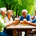 Home 23 장수와 관련된 커뮤니티 기반 접근 - A warm and inviting scene of a diverse group of middle-aged and elderly German friends enjoying a su...