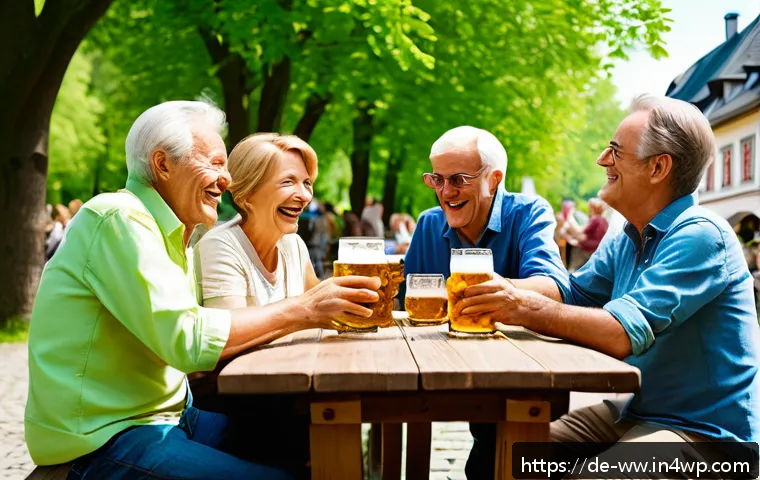 장수와 관련된 커뮤니티 기반 접근 - A warm and inviting scene of a diverse group of middle-aged and elderly German friends enjoying a su...